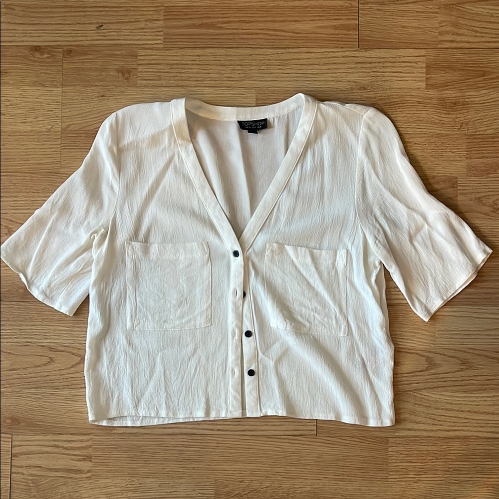 Topshop Cropped White Button-Up Women's Top